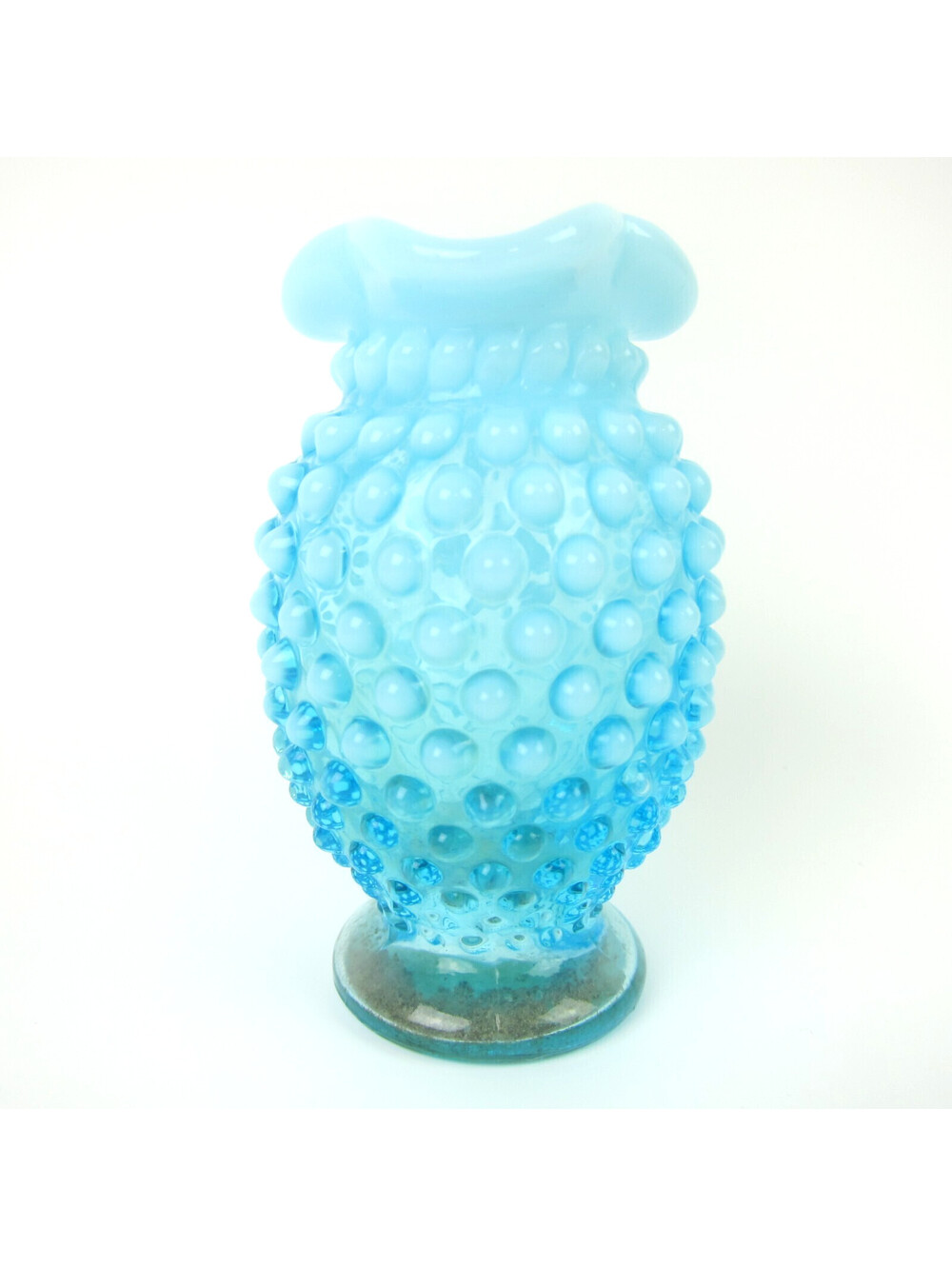 Vintage Fenton Blue Opalescent Glass Hobnail Mini Vase 4.3" Crimped Ruffle Rim